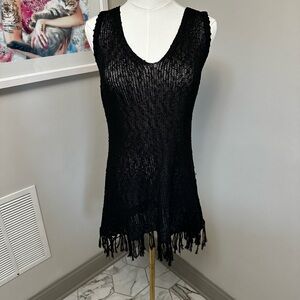 Black Knit Fringe Swim Cover-Up Tunic